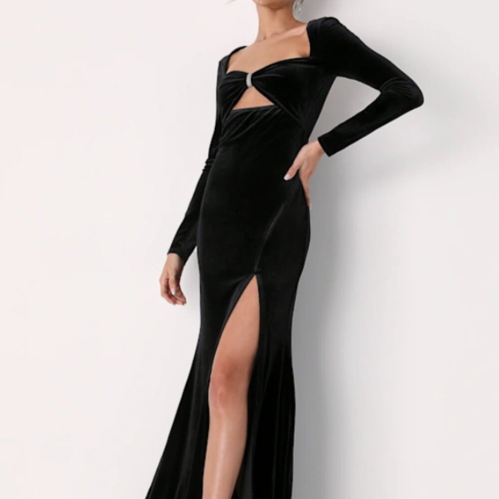 Hollywood Heyday Black Velvet Long Sleeve Mermaid Maxi Dress-L